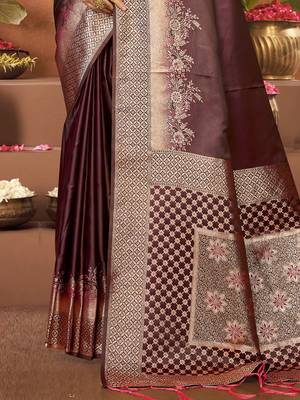 Sangam prints brown satin silk woven work festival saree 3