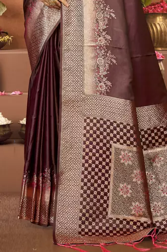 Sangam prints brown satin silk woven work festival saree