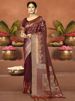 Sangam prints maroon satin silk woven work festival saree 1