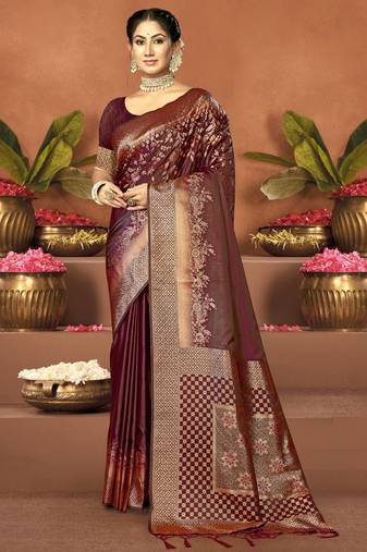 Sangam prints maroon satin silk woven work festival saree