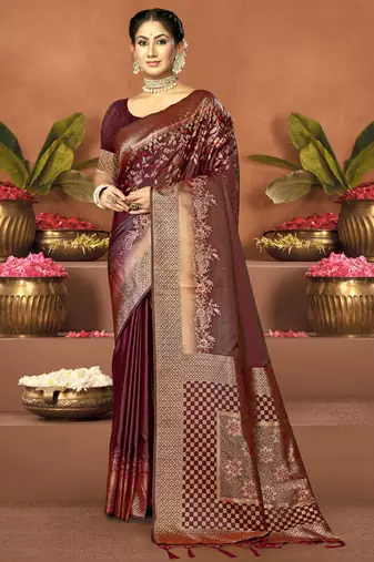 Sangam prints maroon satin silk woven work festival saree