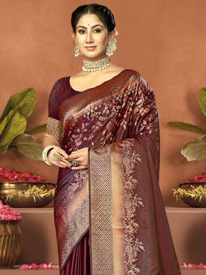 Sangam prints maroon satin silk woven work festival saree 2