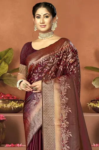 Sangam prints maroon satin silk woven work festival saree