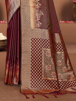 Sangam prints maroon satin silk woven work festival saree 3