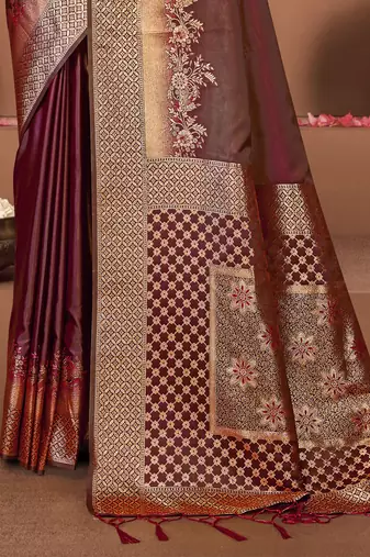 Sangam prints maroon satin silk woven work festival saree