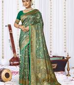 Sangam Prints Teal Blue Satin Silk Woven Work Festival Saree