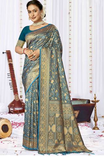 Sangam Prints Rama Satin Silk Woven Work Festival Saree