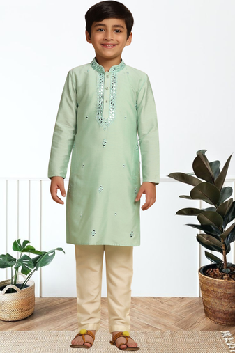 Pista green art silk embroidered kurta pyjama for boys indian traditional ethnic wear