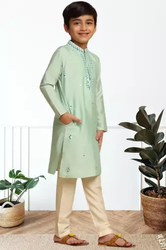 Pista green art silk embroidered kurta pyjama for boys indian traditional ethnic wear