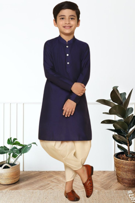 Navy blue art silk kurta patiala for boys indian traditional ethnic wear 1