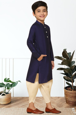 Navy blue art silk kurta patiala for boys indian traditional ethnic wear 3