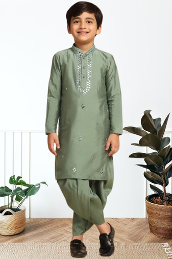 Pista art silk embroidered kurta patiala for boys indian traditional ethnic wear