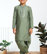 Pista art silk embroidered kurta patiala for boys indian traditional ethnic wear