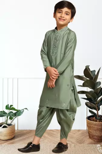 Pista art silk embroidered kurta patiala for boys indian traditional ethnic wear