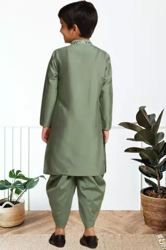 Pista art silk embroidered kurta patiala for boys indian traditional ethnic wear