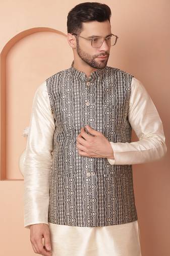 Men black woven silk blend nehru jacket