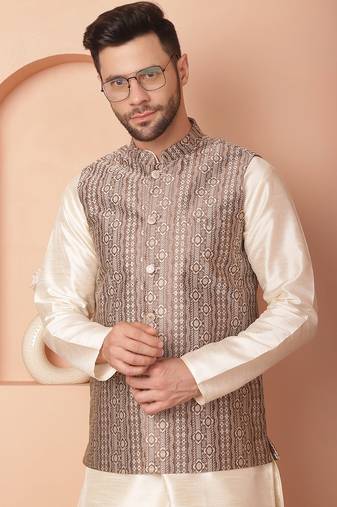 Men brown woven silk blend nehru jacket