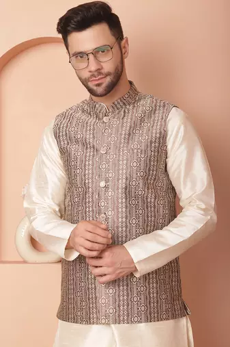 Men brown woven silk blend nehru jacket