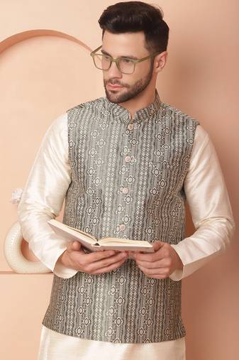 Men green woven silk blend nehru jacket