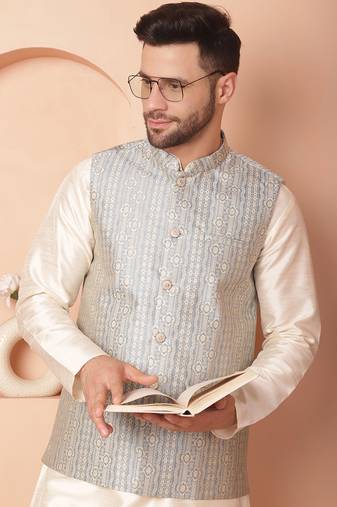 Men blue woven silk blend nehru jacket