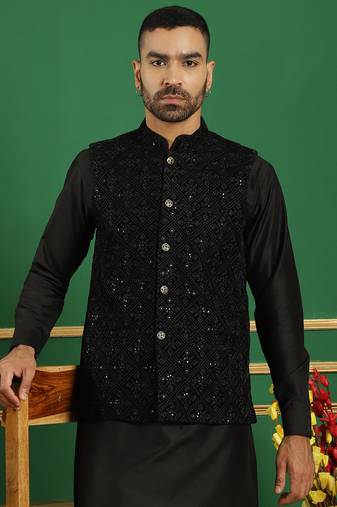 Men black embroidered velvet nehru jacket