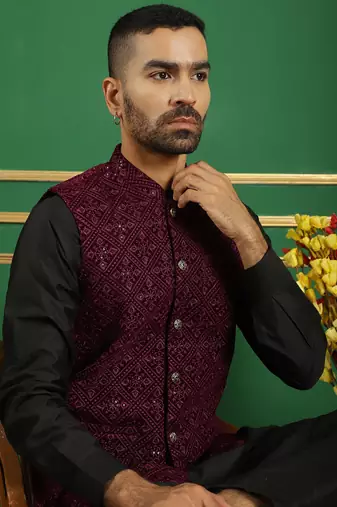 Men purple embroidered velvet nehru jacket