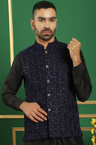 Men blue embroidered velvet nehru jacket