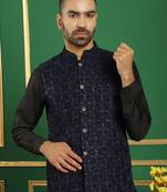 Men blue embroidered velvet nehru jacket