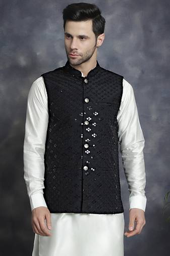Men black embroidered viscose rayon nehru jacket