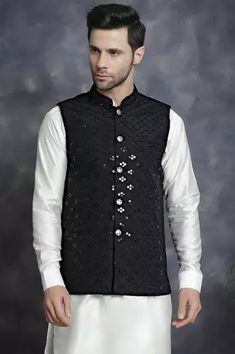 Men black embroidered viscose rayon nehru jacket