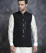 Men black embroidered viscose rayon nehru jacket