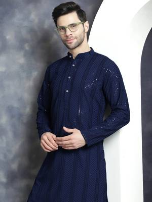 Men blue embroidered viscose rayon kurta 1