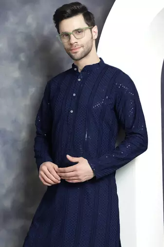 Men blue embroidered viscose rayon kurta