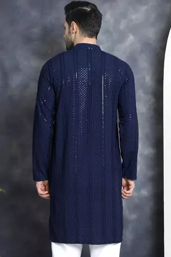 Men blue embroidered viscose rayon kurta