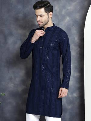 Men blue embroidered viscose rayon kurta 4