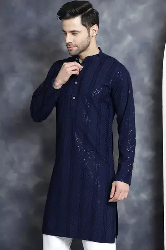 Men blue embroidered viscose rayon kurta
