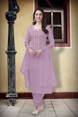 Purple Cotton Embroidery Kurta Pant with Dupatta Salwar Suit 3 Pieces Set 1