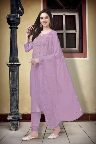 Trendmalls Purple Cotton Embroidery Kurta Pant with Dupatta Salwar Suit 3 Pieces Set