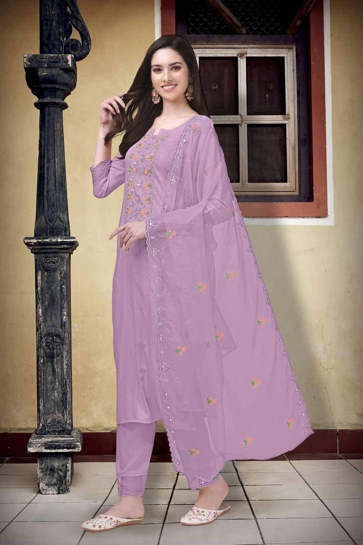 Purple Cotton Embroidery Kurta Pant with Dupatta Salwar Suit 3 Pieces Set