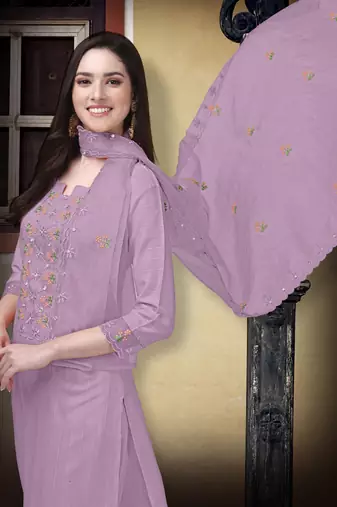 Trendmalls Purple Cotton Embroidery Kurta Pant with Dupatta Salwar Suit 3 Pieces Set