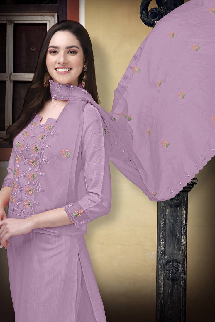 Purple Cotton Embroidery Kurta Pant with Dupatta Salwar Suit 3 Pieces Set