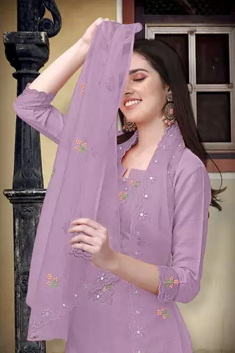 Trendmalls Purple Cotton Embroidery Kurta Pant with Dupatta Salwar Suit 3 Pieces Set