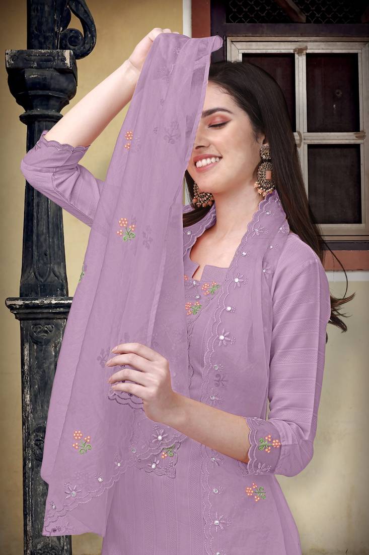 Purple Cotton Embroidery Kurta Pant with Dupatta Salwar Suit 3 Pieces Set