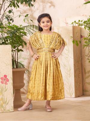 Aarika girls party wear olive green colour sequin embroidery silk dress 1