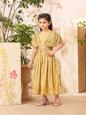 Aarika girls party wear olive green colour sequin embroidery silk dress 3