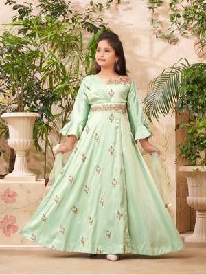 Aarika girls ethnic wear sea green colour hand embroidery art silk gown 1