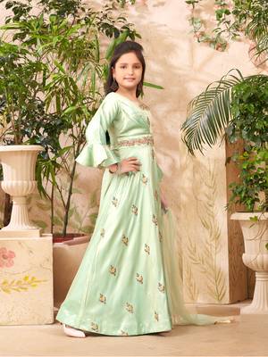 Aarika girls ethnic wear sea green colour hand embroidery art silk gown 2