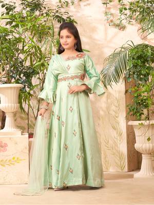 Aarika girls ethnic wear sea green colour hand embroidery art silk gown 3