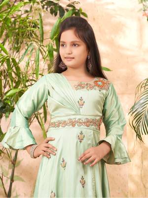 Aarika girls ethnic wear sea green colour hand embroidery art silk gown 5