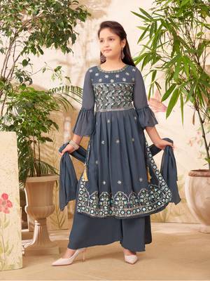 Aarika girls ethnic wear grey colour sequin embroidery georgette kurta sharara set 1